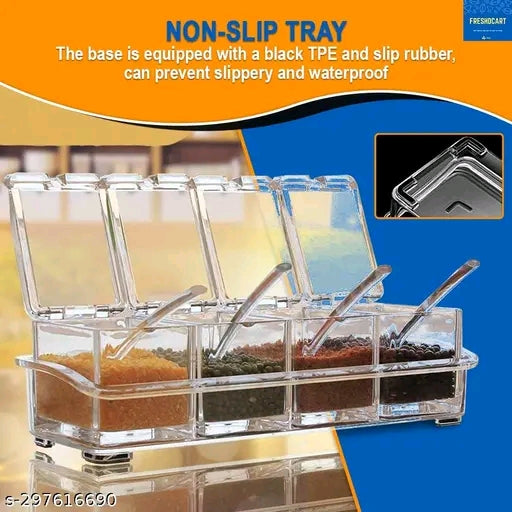 FreshDcart Transparent Acrylic 4-Grid Spice Box | Seasoning Kit with Serving Spoons - Organize Your Kitchen Spices, Pepper, Salt, and Masala (Pack of 1 Transparent Box)