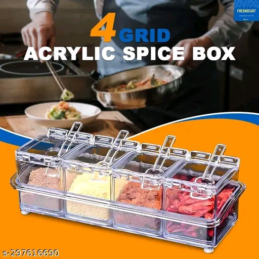 FreshDcart Transparent Acrylic 4-Grid Spice Box | Seasoning Kit with Serving Spoons - Organize Your Kitchen Spices, Pepper, Salt, and Masala (Pack of 1 Transparent Box)