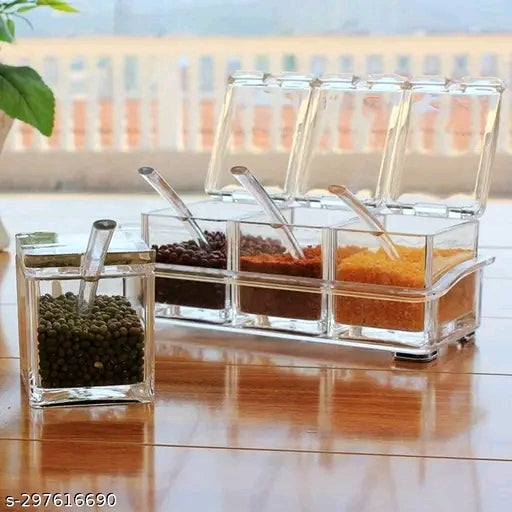 FreshDcart Transparent Acrylic 4-Grid Spice Box | Seasoning Kit with Serving Spoons - Organize Your Kitchen Spices, Pepper, Salt, and Masala (Pack of 1 Transparent Box)