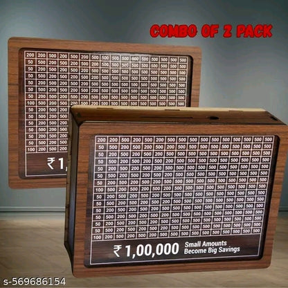 Wooden Piggy Bank for Kids & Adults, Coin Box with Carved Design, 1,00,000 Savings Box, Mini Bank, Donation Box, Smart Money Box, Wooden Coin Box, Money Saver, Piggy Bank, COMBO