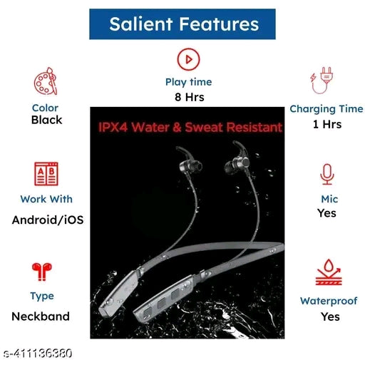 Neckband True Wireless Bluetooth Earphones with 8 Hours Playtime & Compatible for all Smartphones (Black)