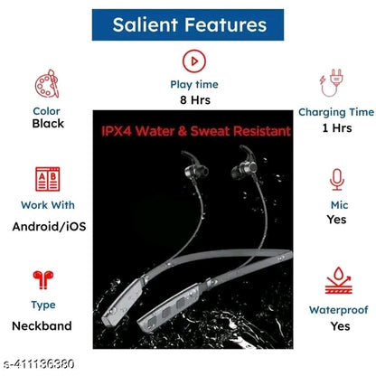 Neckband True Wireless Bluetooth Earphones with 8 Hours Playtime & Compatible for all Smartphones (Black)