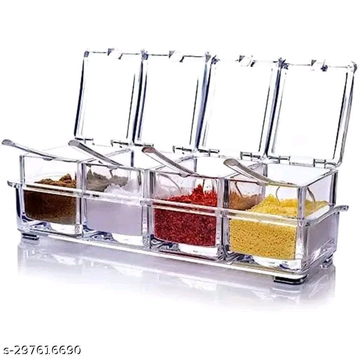 FreshDcart Transparent Acrylic 4-Grid Spice Box | Seasoning Kit with Serving Spoons - Organize Your Kitchen Spices, Pepper, Salt, and Masala (Pack of 1 Transparent Box)